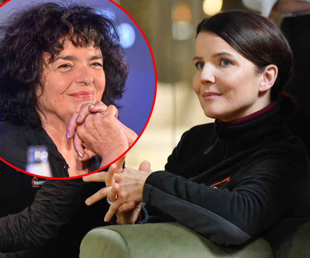 Joanna Jabłczyńska w ciemnej bluzie. Na miniaturze obok uśmiechnięta Katarzyna Grochola. O ich konflikcie przeczytasz w Eska.