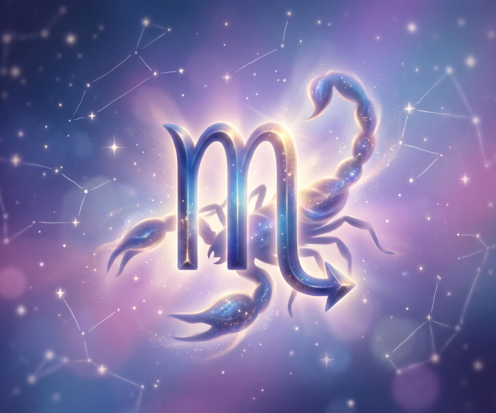 Świecący symbol zodiaku Skorpion na tle gwieździstego nieba. O horoskopie dziennym przeczytasz w serwisie Eska.