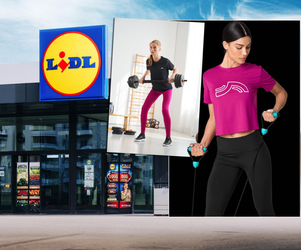 Sklep Lidl z noworocznymi promocjami na sportowe produkty Crivit. Dwie kobiety ćwiczą, jedna z ciężarkami, druga z ekspanderem, co prezentuje ofertę odzieży i akcesoriów sportowych, o której przeczytasz na Super Biznes.