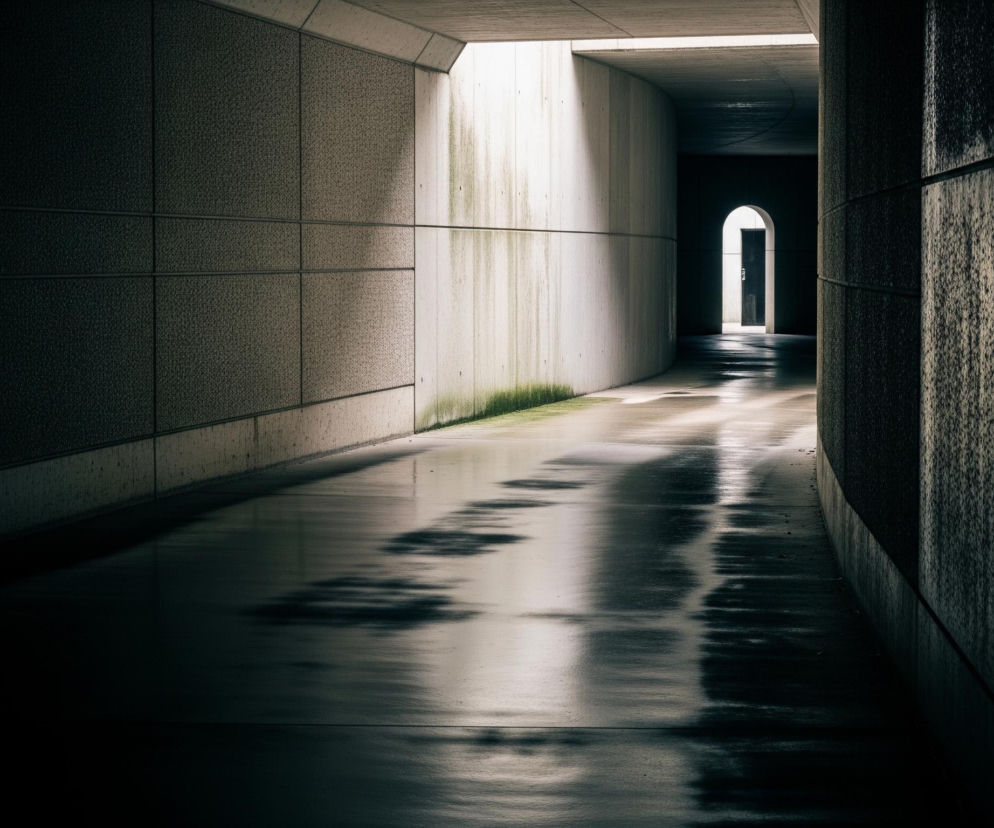 Wąski, betonowy tunel prowadzi w głąb obrazu, z lewej strony widoczne są szare, teksturowane panele, a po prawej ciemniejsza, również teksturowana ściana. Światło wpada z góry i z prawej strony, oświetlając fragment betonowej ściany pokrytej zielonym nalotem oraz mokrą, odbijającą światło posadzkę, na której widoczne są cienie i refleksy. Na końcu tunelu znajduje się prostokątne otwarcie prowadzące do jaśniejszego miejsca, z wyraźnie widocznym łukowatym przejściem i ciemnymi drzwiami pośrodku.