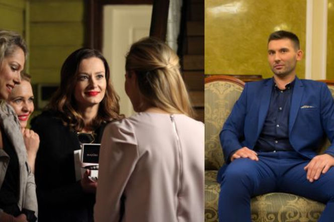Przyjaciółki.  Inga (Małgorzata Socha), Zuza (Anita Sokołowska), Anka (Magdalena Stużyńska), Patrycja (Joanna Liszowska)/ Konrad Rybak z Kto poślubi mojego syna