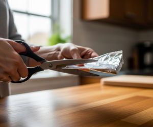 ostrzeżenie nożyczek folią aluminiową