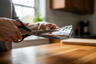 ostrzeżenie nożyczek folią aluminiową