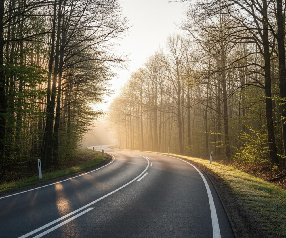 Asfaltowa droga wijąca się łagodnie w prawo, z dwiema białymi liniami ciągłymi rozdzielającymi pasy ruchu, biegnie przez las w świetle porannego słońca. Po lewej stronie drogi widoczny jest gęsty las z ciemnymi pniami drzew i jasnozielonymi, młodymi liśćmi, przez które prześwitują promienie słońca, tworząc długie cienie na asfalcie. Po prawej stronie drogi drzewa mają znacznie mniej liści, a światło słońca jest bardziej rozproszone przez mgłę lub delikatną mgiełkę, nadając tej części sceny cieplejsze, jaśniejsze barwy. Białe słupki drogowe stoją wzdłuż krawędzi drogi, która jest otoczona zieloną trawą, a dalej usłana ciemnobrązowymi liśćmi i młodymi drzewkami.