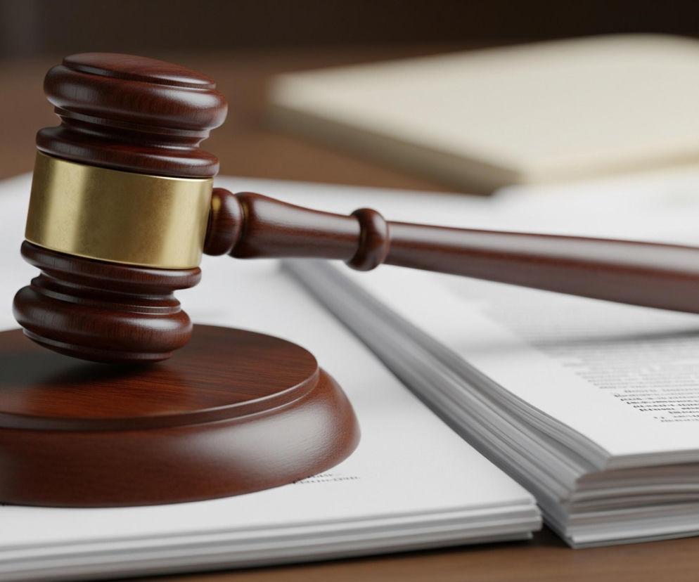Młotek sędziowski wykonany z ciemnobrązowego drewna, ze złotym pierścieniem na główce, leży na stosie białych kartek papieru zadrukowanych czarnym tekstem. Główka młotka spoczywa na okrągłej podstawce z tego samego drewna, położonej na górze stosu dokumentów. W tle, częściowo rozmazany, widać jasny, beżowy obiekt i ciemnobrązową powierzchnię.