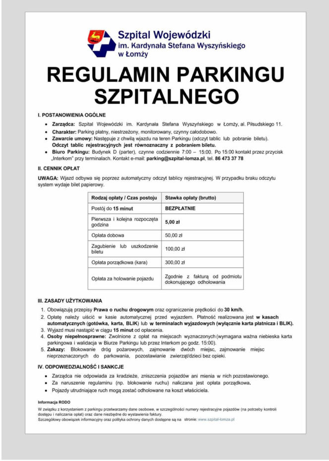 Regulamin szpitalnego parkingu w Łomży