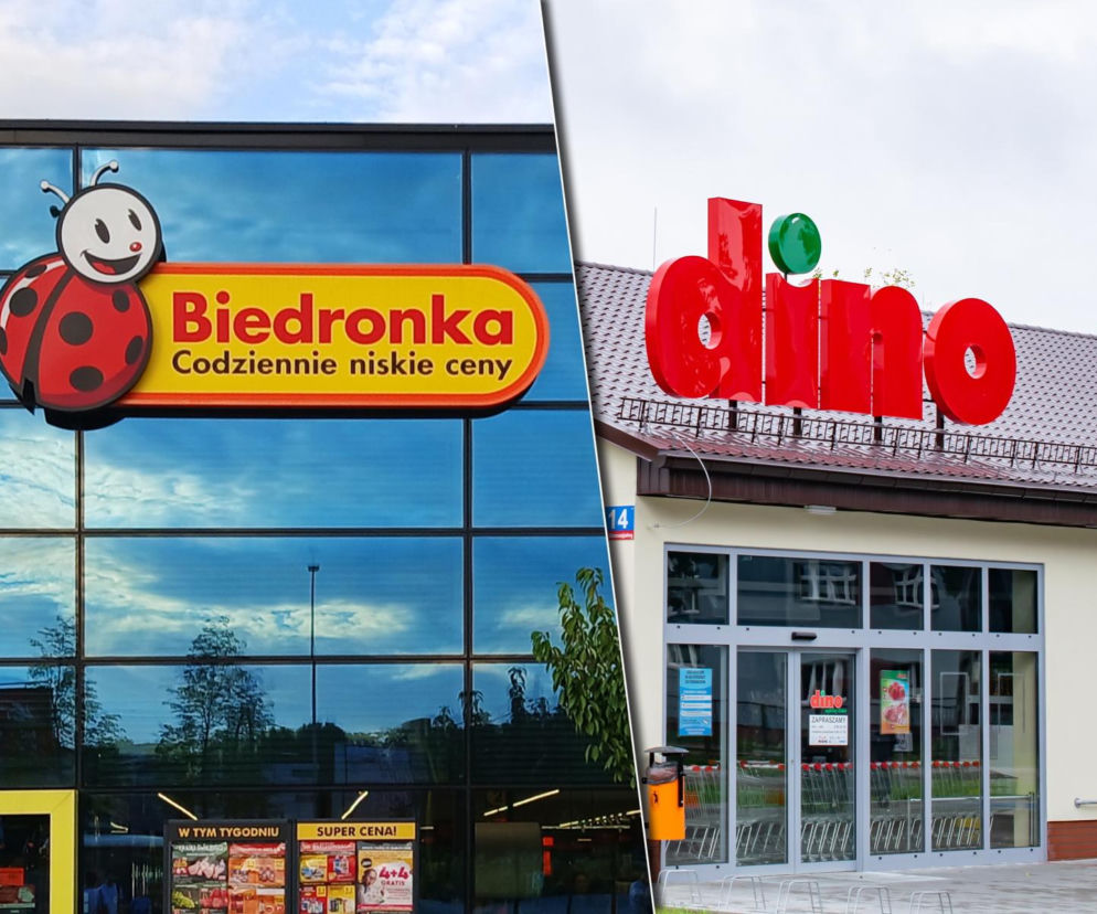 Wejścia do sklepów Biedronka i Dino, z ich logotypami dominującymi na fasadach. Grafika doskonale ilustruje rywalizację i strategie rozwoju obu sieci handlowych, o których przeczytasz więcej na portalu Super Biznes.
