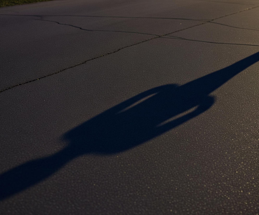 Ciemny, wydłużony cień człowieka rzutowany jest na asfaltową powierzchnię. Cień jest długi i wąski, z wyraźnie zarysowaną sylwetką głowy, ramion i korpusu, rozciągając się od lewego dolnego rogu obrazu ku prawemu górnemu, gdzie cień zwęża się do szpiczastej formy. Asfalt jest ciemnoszary, miejscami widoczne są pęknięcia i drobne ziarna, które w prawym górnym kwadracie są rozświetlone ciepłym, żółtawym światłem, kontrastującym z ciemniejszymi partiami po lewej stronie. W tle, w lewym górnym rogu, niewyraźnie zarysowuje się ciemnozielona trawa lub roślinność.