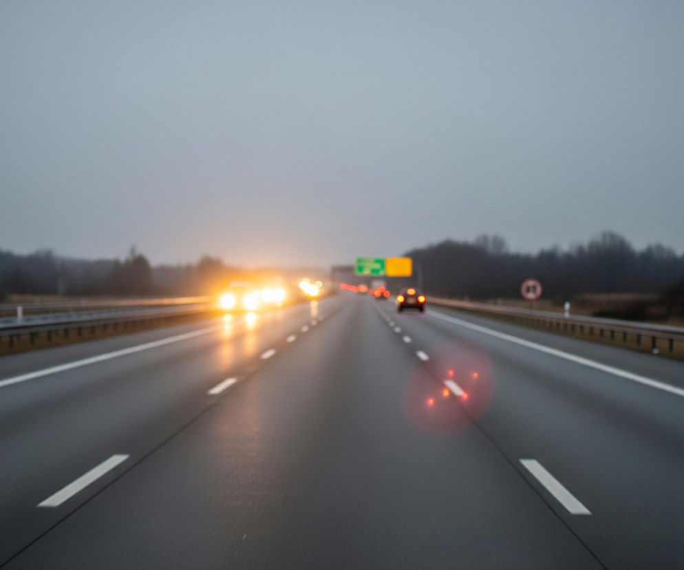 Drogę ekspresową lub autostradę o zmierzchu lub w pochmurny dzień, widzianą z perspektywy jadącego pojazdu. Nawierzchnia drogi jest ciemnoszara, z wyraźnymi białymi, przerywanymi liniami pasa ruchu, które prowadzą w głąb kadru. Po obu stronach jezdni widoczne są metalowe bariery ochronne oraz pasy zieleni z zamazanymi drzewami w tle.

W oddali, na lewym pasie ruchu, pojawiają się jaskrawe, rozmyte światła nadjeżdżających samochodów, tworząc intensywną pomarańczowo-żółtą poświatę. Na prawym pasie ruchu widać kilka oddalających się samochodów, z których najbardziej widoczne są czerwone światła tylne. Na horyzoncie, nad drogą, widać zielono-żółte znaki drogowe. Całe niebo jest jednolicie szare, co potęguje wrażenie ponurej pogody lub późnej pory.