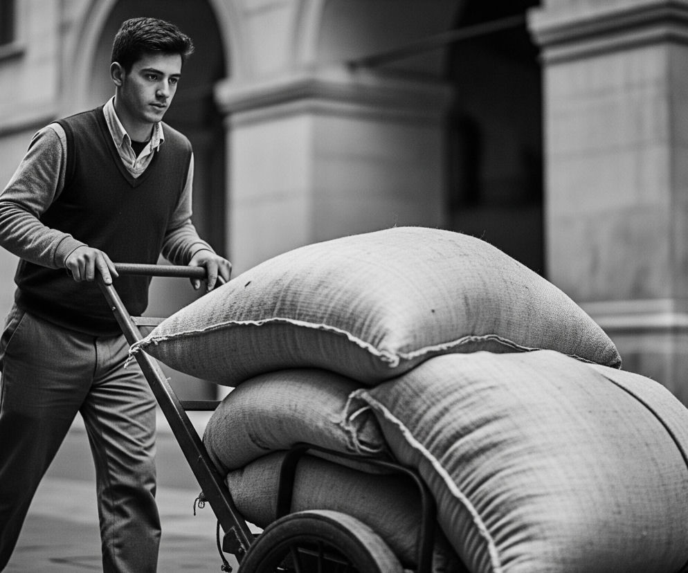 Młody mężczyzna, ubrany w koszulę z kołnierzykiem, sweter i spodnie, pcha wózek ręczny z trzema dużymi workami. Jest on ustawiony z lewej strony kadru i patrzy w prawą stronę, w kierunku, w którym się przemieszcza. Tłem są architektoniczne elementy, takie jak łuki i kolumny, sugerujące miejski, zadaszony obszar, widoczne w odcieniach szarości.