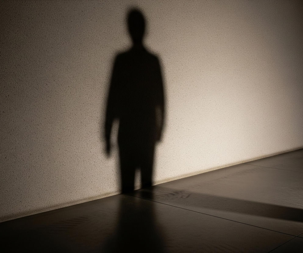 Ciemny cień człowieka, rozciągający się na jasnej, beżowej ścianie o ziarnistej fakturze oraz na ciemnej, błyszczącej podłodze z kwadratowych płytek. Światło pada z prawej strony, oświetlając ścianę i tworząc wyraźny cień postaci stojącej przodem. Scena charakteryzuje się mocnym kontrastem między oświetlonymi partiami a głębokimi cieniami, które stopniowo zanikają w mroku po prawej stronie.