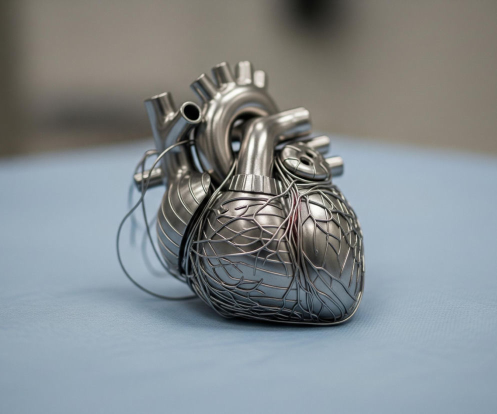 Na pierwszym planie, centralnie, leży trójwymiarowy model ludzkiego serca wykonany z lśniącego, srebrzystego metalu. Model przedstawia anatomię serca z wyraźnie zaznaczonymi komorami, przedsionkami i dużymi naczyniami krwionośnymi wystającymi z górnej części. Powierzchnia dolnej części serca ozdobiona jest misterną, siatkową strukturą cienkich metalowych prętów, przypominającą sieć naczyń wieńcowych. Cały obiekt spoczywa na płaskiej, jasnoniebieskiej powierzchni o delikatnej, ziarnistej teksturze. Tło jest rozmyte, tworząc gradient od jasnego, beżowego odcienia u góry do nieco ciemniejszego szarego, co sugeruje ścianę lub odległy obiekt.