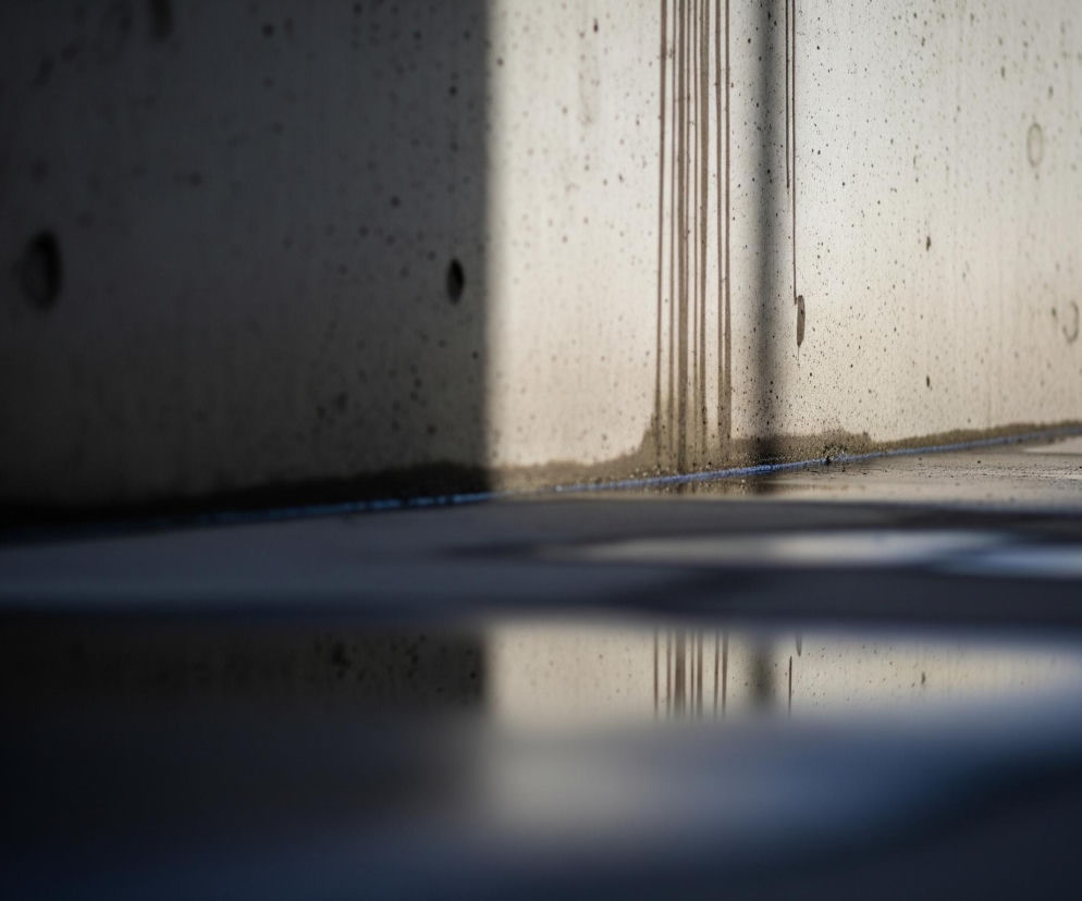 Ścianę z szarego betonu, częściowo oświetloną słońcem, z ciemnym cieniem po lewej stronie. Na betonowej powierzchni widać liczne drobne plamki oraz pionowe, ciemne smugi, które spływają od góry do dołu. U podstawy ściany widoczna jest kałuża wody lub wilgotna powierzchnia, odbijająca fragmenty ściany i smug, tworząc lustrzane odbicie na dole kadru, które jest rozmyte i ciemniejsze niż górna część.