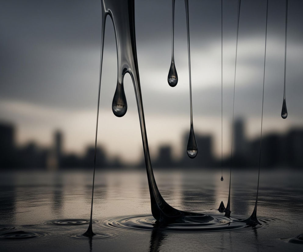 Ciemna, lepka ciecz spływa w wielu strumieniach i kroplach w dół, tworząc na powierzchni wody wyraźne fale. Jeden duży strumień, rozciągnięty i falujący, opada centralnie, a inne, cieńsze nici cieczy z różnymi kroplami, zwisają swobodnie. W tle, na horyzoncie, rozmyta panorama miasta z niewyraźnymi sylwetkami budynków odcina się od jasnego, zachmurzonego nieba. Cały obraz utrzymany jest w odcieniach szarości i czerni, z refleksami światła na powierzchni cieczy.
