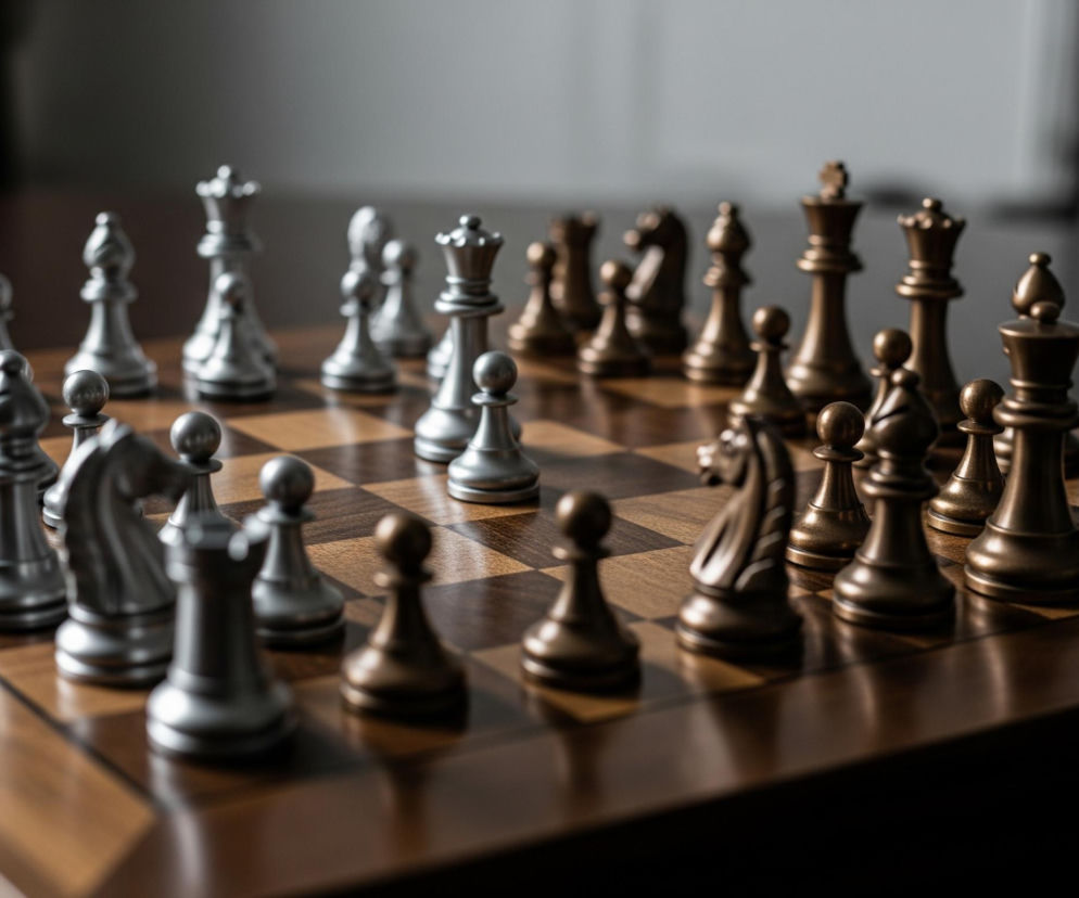 Drewniana szachownica z figurami w kolorze srebrnym i brązowym jest ustawiona w perspektywie, z lewej strony bliżej krawędzi kadru. Srebrne figury dominują na pierwszym planie, podczas gdy brązowe są bardziej oddalone i rozmazane. Plansza ma kwadratowe pola w odcieniach brązu, a jej powierzchnia delikatnie odbija światło. Tło jest nieostre, utrzymane w ciemnych, szarych barwach.