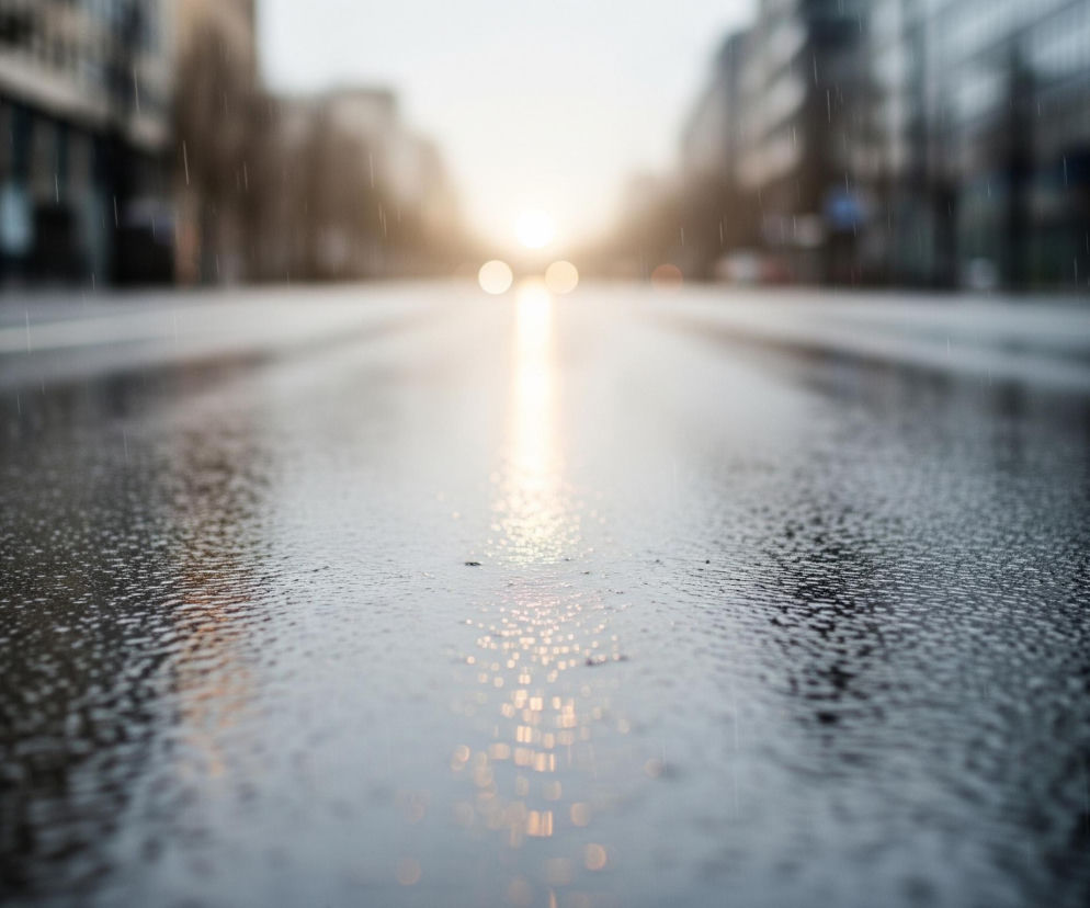 Mokry asfalt ulicy rozciąga się w głąb kadru, tworząc refleksy światła na swojej powierzchni. W tle widać niewyraźne sylwetki budynków po obu stronach drogi, a na horyzoncie jarzy się jasne, rozmyte światło, prawdopodobnie zachodzącego słońca lub świateł pojazdów. Dwie jasne, okrągłe plamy światła widoczne na środku, wydają się być reflektorami nadjeżdżającego samochodu, a po prawej stronie w oddali znajduje się czerwony punkt świetlny. Całość tonie w stonowanej kolorystyce, dominują szarości i odcienie niebieskiego, z akcentami pomarańczowego i żółtego światła.
