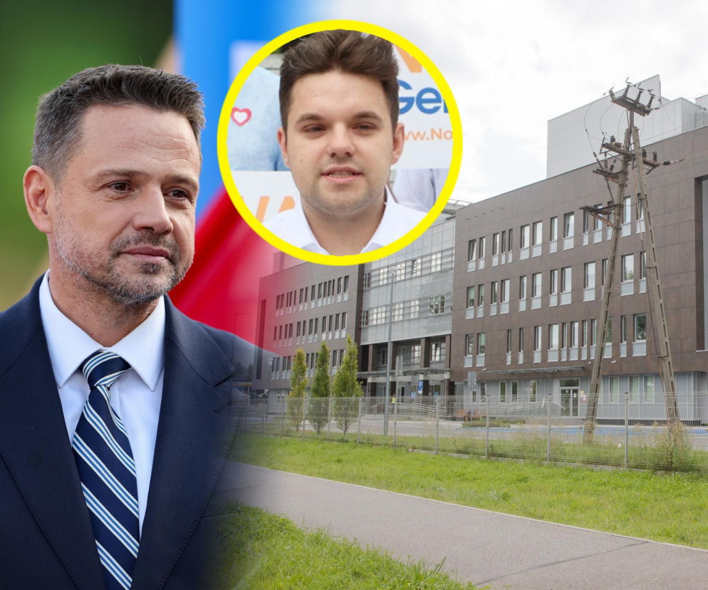 Rafał Trzaskowski w garniturze z krawatem, a obok niego, w żółtym kółku, Dawid Kacprzyk. W tle budynek Szpitala Południowego. Zdjęcie ilustruje aferę w warszawskiej placówce i reakcję Trzaskowskiego, o której przeczytasz więcej na naszym portalu.