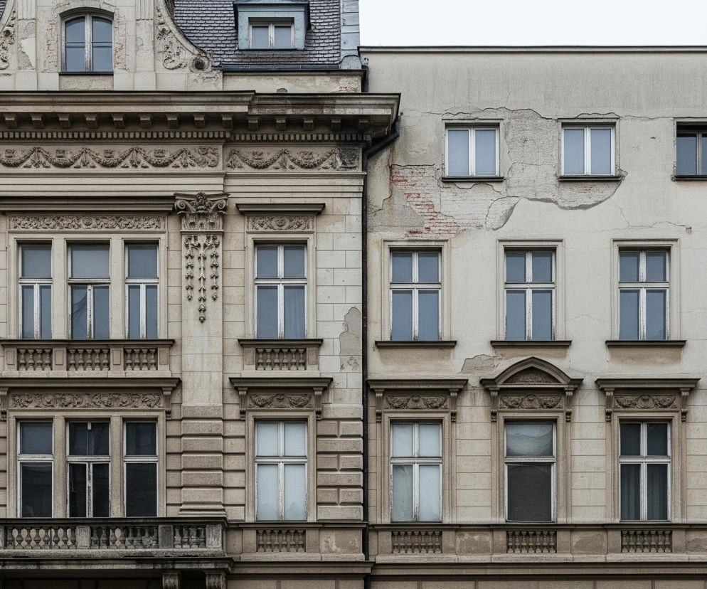 Na zdjęciu widoczne są dwie sąsiadujące ze sobą kamienice o zróżnicowanej architekturze i stanie zachowania. Lewa kamienica charakteryzuje się bogatymi zdobieniami architektonicznymi, takimi jak gzymsy, pilastry z kapitelami, balustrady oraz reliefy z motywami roślinnymi wokół okien i pod dachem, całość utrzymana w beżowo-szarej tonacji. Prawa kamienica ma znacznie prostszą fasadę w podobnym kolorze, z widocznymi licznymi pęknięciami i ubytkami tynku, miejscami odsłaniającymi czerwoną cegłę. Obie kamienice posiadają wiele okien z białymi ramami, a na dachach widoczne są mansardowe okna pokryte szarymi dachówkami.