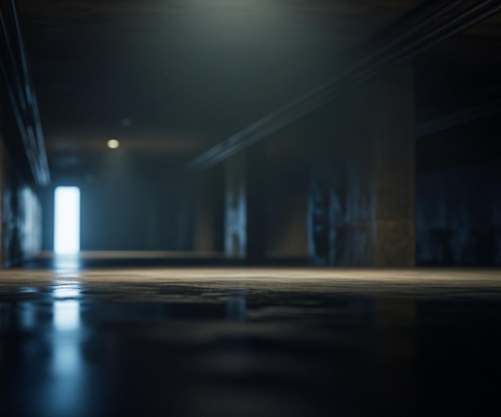 Przedstawiony jest korytarz lub tunel z dominującymi ciemnymi barwami. Po lewej stronie widać ścianę z teksturą przypominającą beton lub kamień, częściowo oświetloną żółtawo-brązowym światłem, z widocznymi mokrymi plamami odbijającymi niebieskawe światło. Podłoże jest ciemne i błyszczące, co sugeruje obecność wody lub wilgoci, odbijając słabe, rozproszone światło. W głębi korytarza, w dali po lewej stronie, widoczne jest jasne, białe światło, sugerujące wyjście lub inne źródło oświetlenia. Po prawej stronie widać ciemne, pionowe struktury, prawdopodobnie kolumny lub ściany, częściowo niewyraźne z powodu cienia i głębi ostrości.