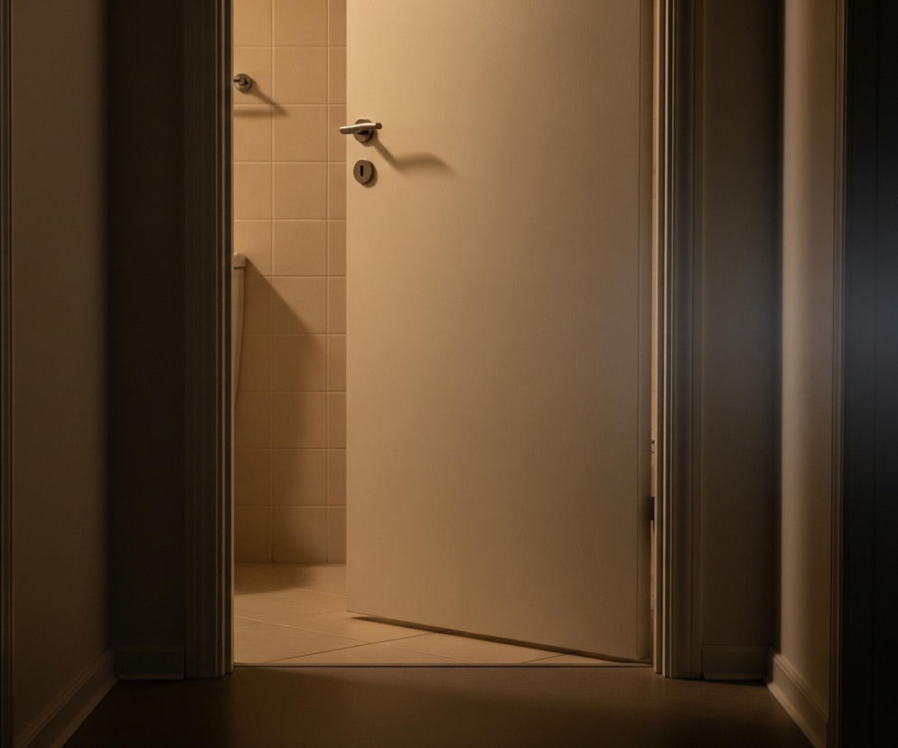 Otworzone, jasne drzwi w kolorze ecru, z srebrną klamką i zamkiem, stanowią centralny element obrazu, prowadząc do pomieszczenia wyłożonego beżowymi kafelkami. Światło padające z wnętrza tego pomieszczenia rozjaśnia jego ścianę i podłogę, tworząc kontrast z ciemnym korytarzem, z którego wykonano zdjęcie. Po lewej stronie drzwi widoczny jest wieszak na ręczniki, rzucający wyraźny cień na kafelkowaną ścianę. Rama drzwi oraz przyległe ściany korytarza są pogrążone w cieniu, co akcentuje jasność pomieszczenia za drzwiami.