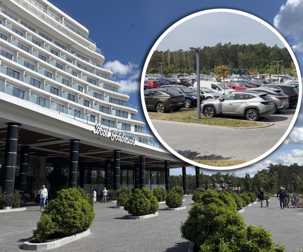 Elewacja hotelu Gołębiewski w Pobierowie. Na miniaturze obok widać zapełniony autami parking, o czym pisze SE Szczecin.