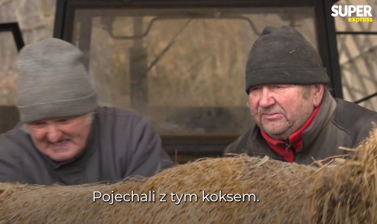 Rolnicy. Podlasie. Gienek i Sławek karmią zwierzęta. " A nie przestraszą się ciebie krowy?"