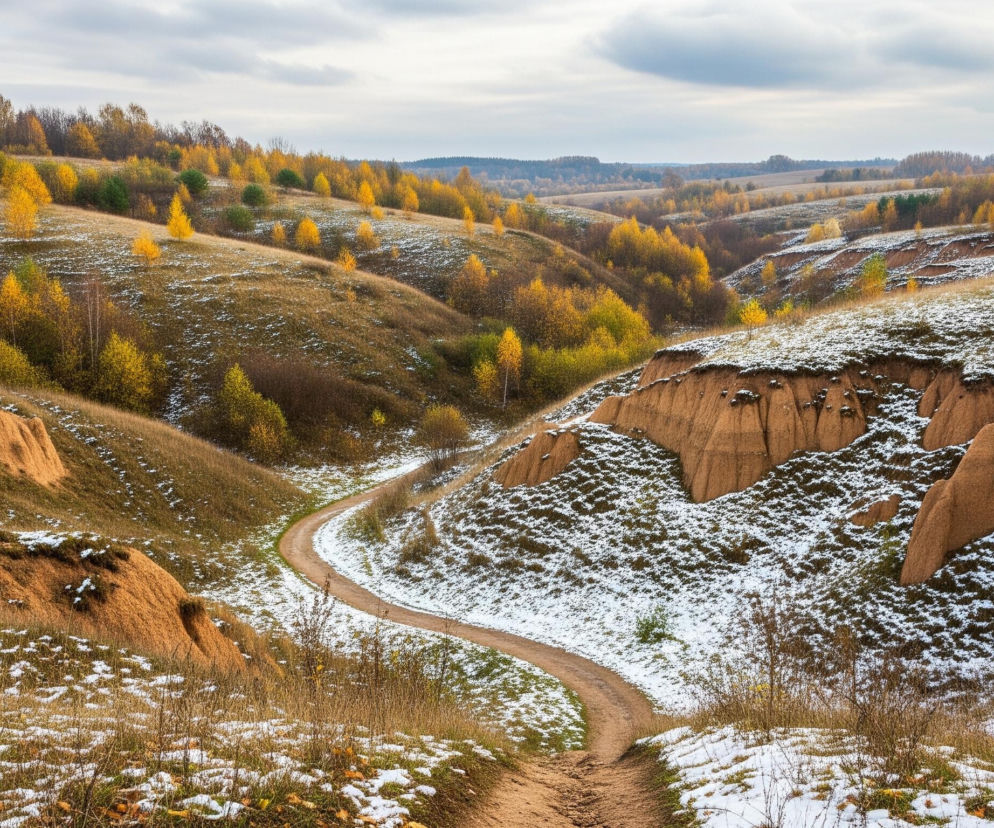 Falisty, pagórkowaty krajobraz pokryty jest żółknącą trawą i nieregularnymi płatami białego śniegu, sugerującymi wczesną zimę. Złote drzewa liściaste, rozmieszczone nieregularnie na zboczach, kontrastują z brązami i zielenią terenu. Pośrodku obrazu wije się jasnobrązowa, polna droga, znikająca w oddali pomiędzy kolejnymi wzgórzami. Niebo jest pochmurne, z dominującymi szarymi odcieniami i delikatnymi przejaśnieniami.
