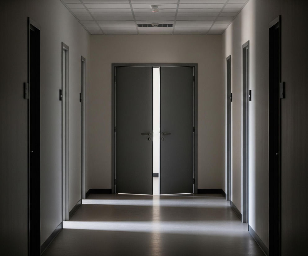 Długi, symetryczny korytarz rozciąga się w głąb obrazu, z dwojgiem częściowo otwartych, ciemnoszarych drzwi na jego końcu, z których wydobywa się jasne, pionowe pasmo światła. Ściany korytarza po obu stronach są beżowe, z rzędami drzwi o ciemniejszych framugach i czarnymi klamkami, w większości pogrążone w cieniu i wyglądające na zamknięte. Sufit wyłożony jest kwadratowymi panelami, a na podłodze, wykonanej z jasnego materiału, widoczne są smugi światła rzucane przez otwarte drzwi i odbicia.