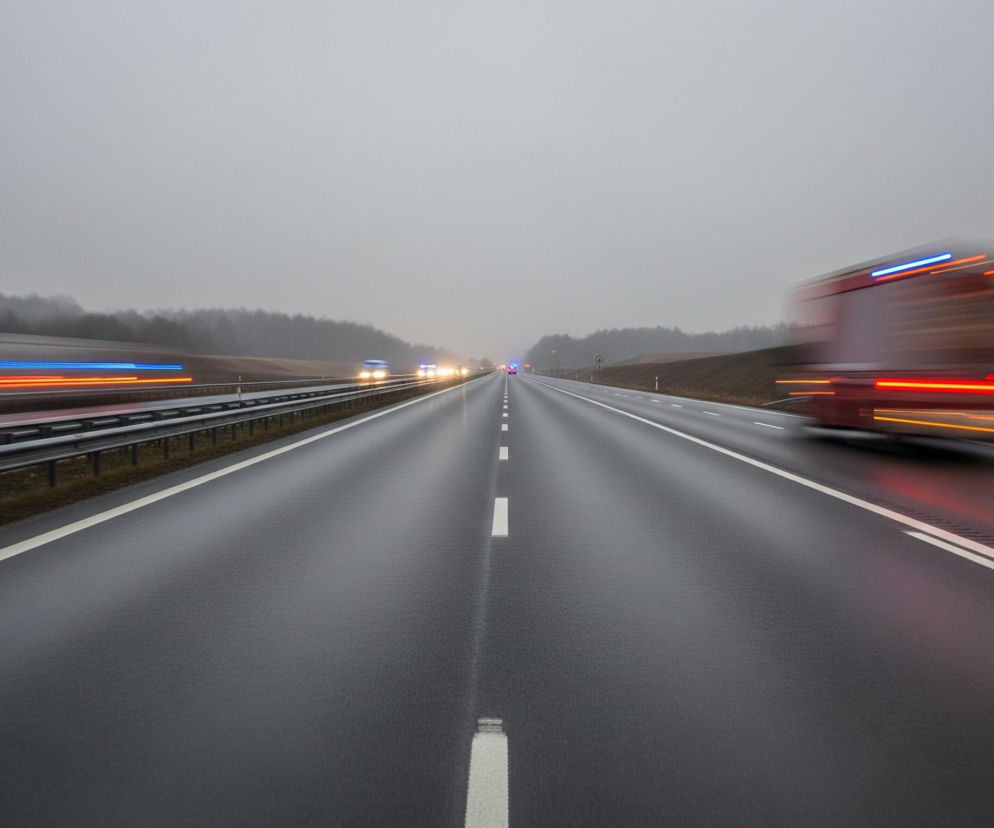 Szeroka, mokra autostrada rozciąga się w głąb obrazu, a jej szary, asfaltowy kolor dominuje na pierwszym planie i w środkowej części. Z prawej strony widoczna jest rozmyta sylwetka czerwonej ciężarówki z niebieskimi i czerwonymi smugami świateł, która sprawia wrażenie ruchu. Po lewej stronie, w oddali, podążają samochody z widocznymi, wydłużonymi smugami jasnych i czerwonych świateł, oraz bliżej, z wyraźnymi jasnymi światłami. Szara, zamglona pogoda unosi się nad całą sceną, z ciemnym pasem lasu widocznym na horyzoncie po obu stronach drogi.
