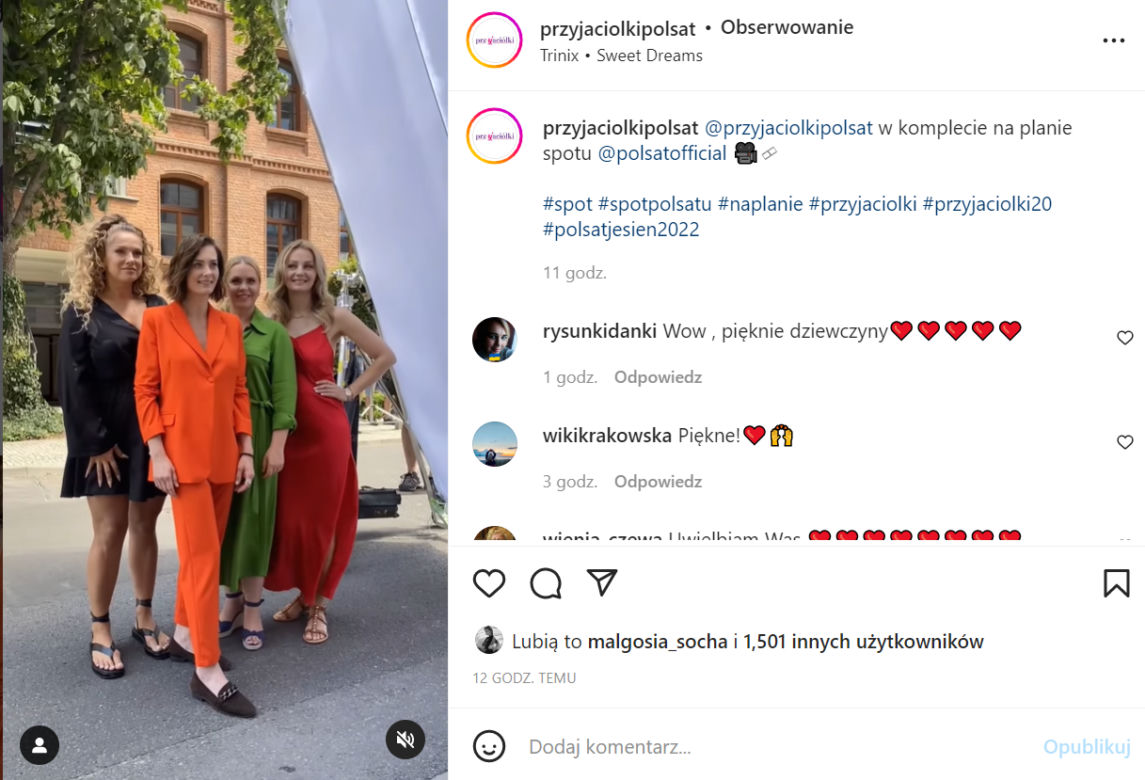 Przyjaciółki. Anita Sokołowska (Zuza), Magdalena Stużyńska (Anka), Joanna Liszowska (Patrycja), Małgorzata Socha (Inga) na planie spotu Polsatu