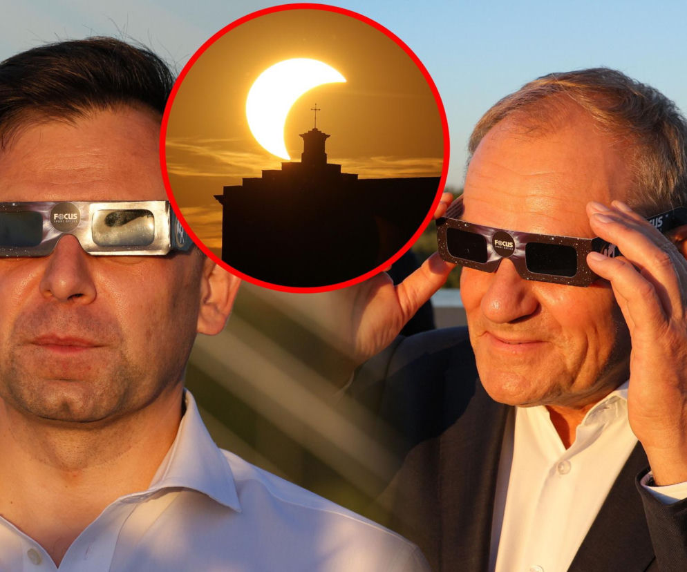 Andrzej Domański i Donald Tusk w okularach ochronnych. Na miniaturze zaćmienie Słońca. O tej operacji przeczytasz na Eska.