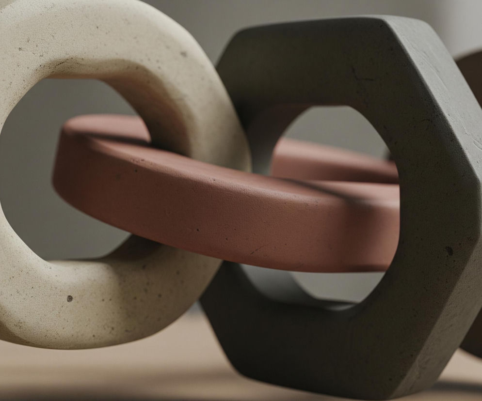 Trzy połączone, abstrakcyjne elementy tworzą łańcuch, zawieszone na jasnym tle. Centralny element to beżowy, okrągły kształt o chropowatej teksturze. Przez niego przeplata się płaski, owalny element w kolorze ceglastym, który z kolei łączy się z ciemnoszarym, sześciokątnym elementem po prawej stronie. Wszystkie elementy rzucają subtelne cienie na jasnobrązową powierzchnię poniżej oraz w tle.