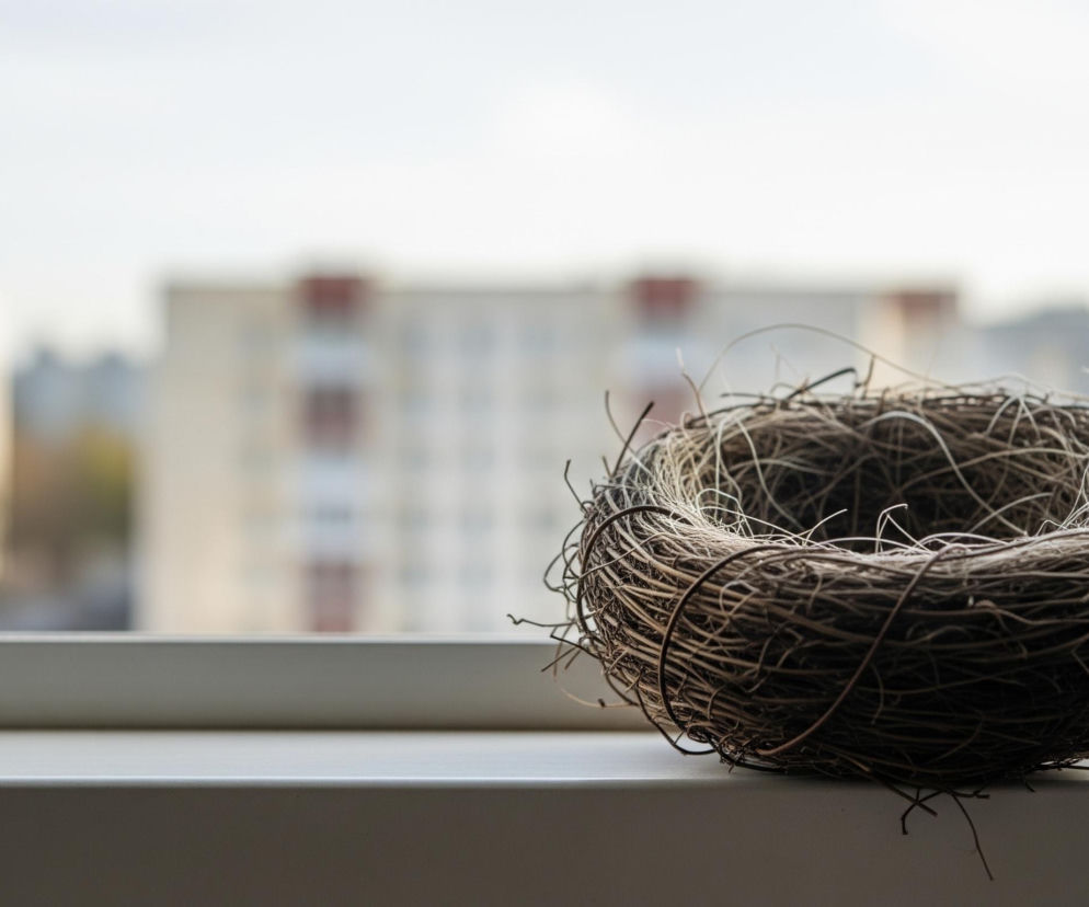 Puste gniazdo ptaka, misternie splecione z ciemnobrązowych i jasnych gałązek oraz suchych traw, umieszczone na białym parapecie okna. Gniazdo znajduje się po prawej stronie kadru i jest wyraźnie ostre, podczas gdy tło jest rozmyte. W tle widoczne są niewyraźne, jasne budynki mieszkalne z wieloma oknami, rozświetlone przez słabe światło dzienne. Jasne, szare niebo zajmuje górną część tła.