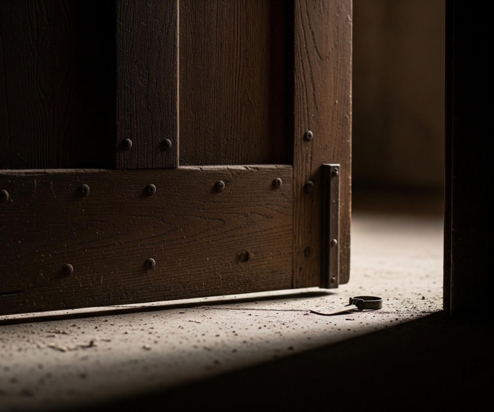 Ciemnobrązowe, drewniane drzwi z widocznym usłojeniem, zamocowane na metalowych zawiasach i wzmocnione okrągłymi nitami, są uchylone. W szczelinie między drzwiami a ciemnym framugą widać jasne, zakurzone podłoże, na którym leży mała, metalowa zawieszka z pierścieniem. Fragment podłogi po prawej stronie pozostaje w głębokim cieniu.
