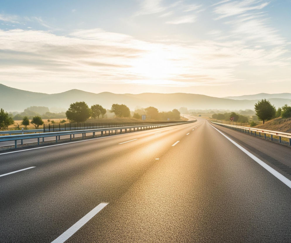 Długa, asfaltowa autostrada biegnie prosto w kierunku horyzontu, lekko zakręcając w oddali. Po obu stronach drogi znajdują się metalowe barierki ochronne, a dalej widoczne są pagórki pokryte zieloną roślinnością i liczne drzewa, tworzące zielony krajobraz. Niebo jest częściowo zachmurzone, z wyraźnym, jasnym słońcem w tle, które rzuca długie cienie na drogę i rozświetla asfalt ciepłym, złocistym światłem. W tle rysują się góry, zanurzone w delikatnej mgiełce.