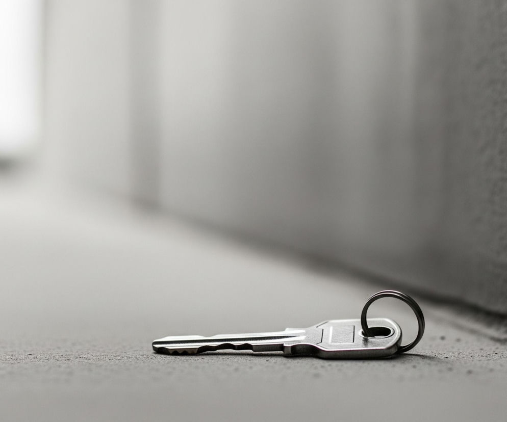 Metalowy klucz leży na ziemi, opierając się o ścianę, w monochromatycznym ujęciu z płytką głębią ostrości. Klucz jest srebrzysty, z okrągłym kółkiem na jednym końcu i nacięciami na drugim, wskazującymi w lewo. Tło jest rozmyte, z jasnym obszarem po lewej stronie i ciemniejszą, teksturą ścianą po prawej.