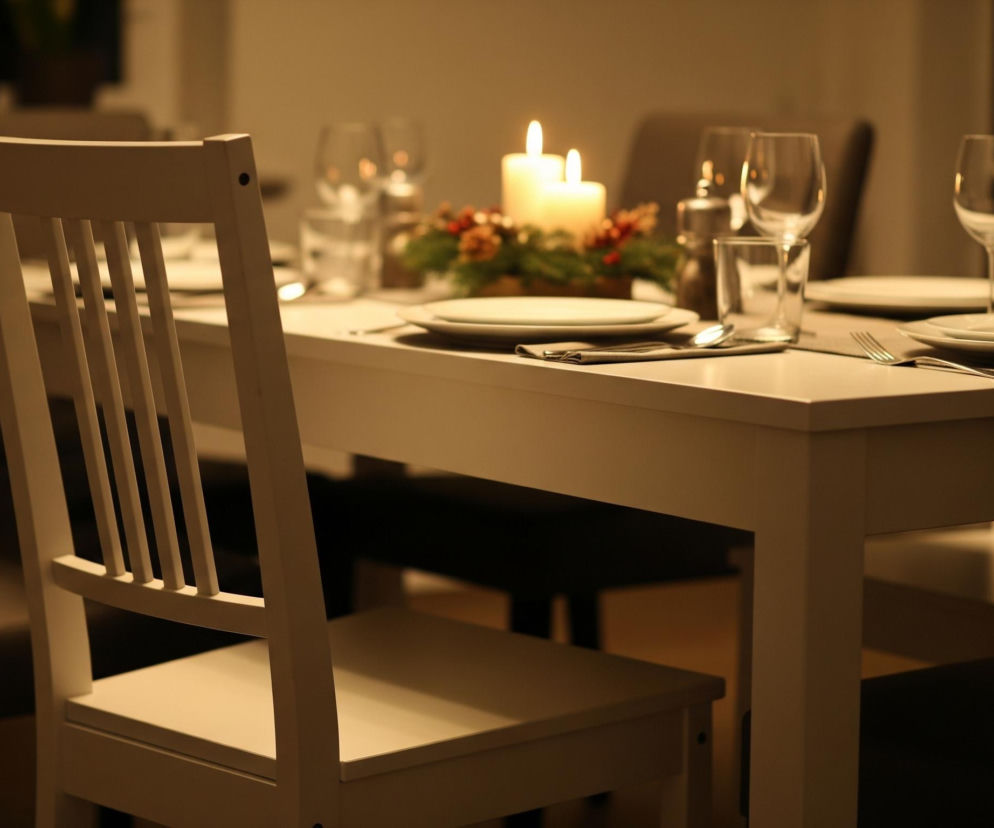 Białe krzesło z pionowymi szczeblami oparcia znajduje się na pierwszym planie, skierowane w lewo. Za nim widoczny jest długi, biały stół nakryty do uroczystej kolacji, oświetlony ciepłym, żółtym światłem. Na środku stołu stoją dwie zapalone, grube świece, otoczone świątecznym stroikiem z zielonych gałązek, czerwonych jagód i szyszek. Po obu stronach stołu ustawiono białe talerze, szklane kieliszki i sztućce na ciemnoszarych podkładkach, a w tle widać ciemne, tapicerowane krzesła.