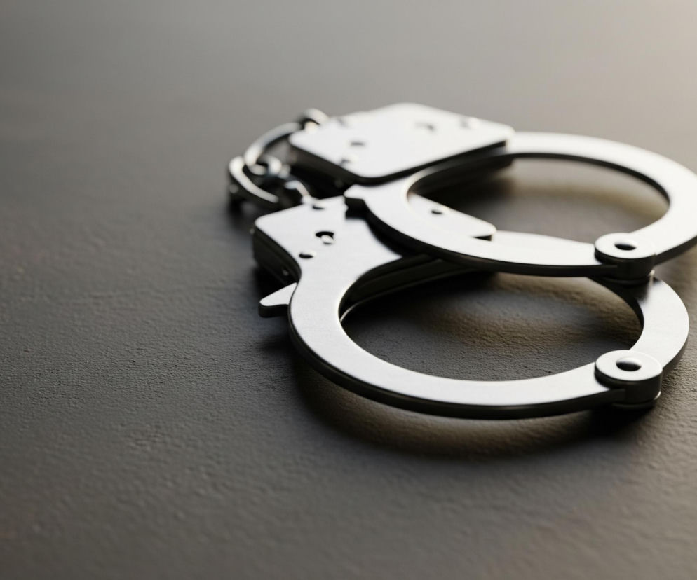 Na ciemnym, lekko teksturowanym tle leżą metalowe kajdanki, dominując prawą połowę kadru. Kajdanki są srebrzysto-szare, z wyraźnymi refleksami światła na ich powierzchni, co nadaje im połyskujący wygląd. Widoczne są dwa połączone ze sobą okrągłe mankiety oraz mechanizm blokujący. Tło jest nieostre, przechodzące od ciemnoszarego po lewej stronie do jaśniejszego, rozmytego odcienia po prawej, gdzie pada intensywniejsze światło.