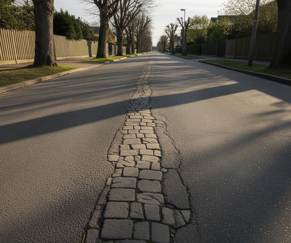 Długa droga asfaltowa biegnie prosto w oddali, z rzędem drzew bezlistnych po obu stronach. Środek drogi wyłożony jest kamiennymi brukami, które miejscami są popękane i nierówne. Słońce świeci z prawej strony, rzucając długie cienie na lewą stronę drogi i podkreślając teksturę asfaltu. Po bokach drogi znajdują się chodniki, trawniki i drewniane płoty, za którymi widać fragmenty domów.