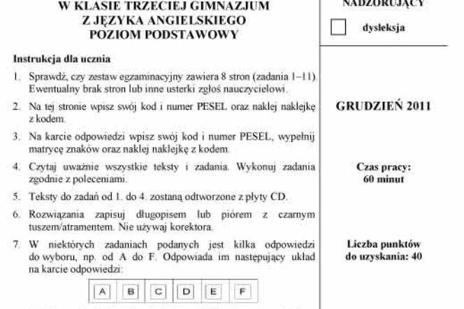 Próbny EGZAMIN GIMNAZJALNY grudzień 2011 - język ANGIELSKI: jakie były PYTANIA, ARKUSZE, ODPOWIEDZI, PRZECIEKI