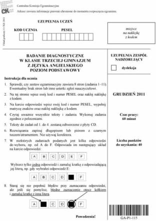 Próbny EGZAMIN GIMNAZJALNY grudzień 2011 - język ANGIELSKI: jakie były PYTANIA, ARKUSZE, ODPOWIEDZI, PRZECIEKI