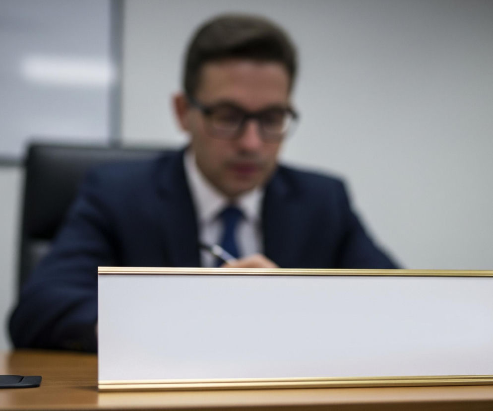 Na pierwszym planie znajduje się puste, białe tabliczka na biurko, z ramką w kolorze złotym, ustawiona na drewnianym blacie. Za tabliczką, w tle, widoczny jest rozmazany mężczyzna w okularach, ubrany w granatowy garnitur i białą koszulę z krawatem, siedzący na czarnym krześle. Jego wzrok skierowany jest w dół, a prawa ręka z długopisem znajduje się w pobliżu dokumentów leżących na blacie po prawej stronie. Tło stanowi jasnoszara ściana.