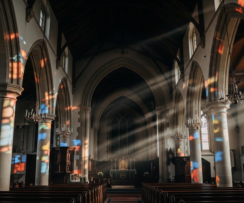Wnętrze przestronnego kościoła przedstawia rzędy drewnianych ławek, prowadzących w kierunku ołtarza na końcu nawy. Wysokie kolumny wspierają sklepienie, a promienie światła wpadające przez okna witrażowe rzucają kolorowe plamy na jasne ściany i filary. Centralnie widoczny jest ołtarz z zapalonymi świecami, a po jego lewej stronie znajduje się bogato rzeźbiona ambona. Ciemne drewno sufitu kontrastuje z jasnymi ścianami, a złote żyrandole zwisają z góry.