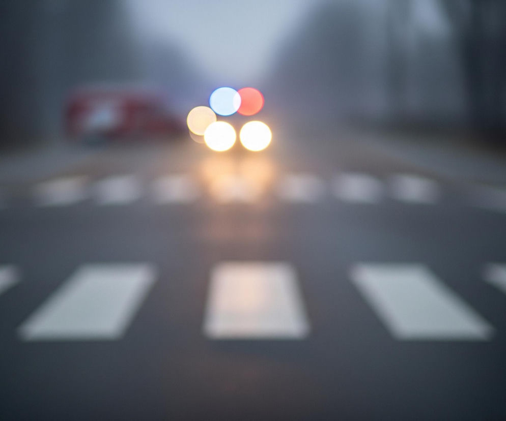 Uliczny krajobraz sfotografowany z poziomu jezdni, skupia się na przejściu dla pieszych z szerokimi, białymi pasami. W oddali widać samochód z włączonymi światłami, co tworzy rozmyte, jasne punkty świetlne o barwach białej, pomarańczowej, czerwonej i niebieskiej, sygnalizujące pojazd uprzywilejowany. Otoczenie jest zamglone, z drzewami i innymi elementami drogi ledwo widocznymi w tle. Po prawej stronie widać niewyraźny znak drogowy.