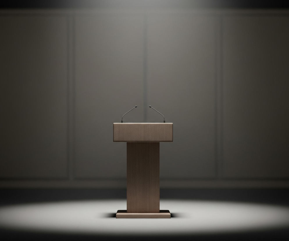 Na środku obrazu stoi drewniana mównica o prostym, prostopadłościennym kształcie, wykonana z jasnego drewna z widocznym usłojeniem. Na blacie mównicy umieszczone są dwa mikrofony na cienkich, giętkich statywach, skierowane lekko do góry i na boki. Mównica jest intensywnie oświetlona silnym, białym światłem z góry, tworzącym okrągłą plamę na podłodze pod nią oraz delikatne cienie. Tło stanowi ciemna ściana z pionowymi panelami, również oświetlona z góry, ale w znacznie łagodniejszym stopniu, co sprawia, że reszta pomieszczenia pozostaje w półmroku.