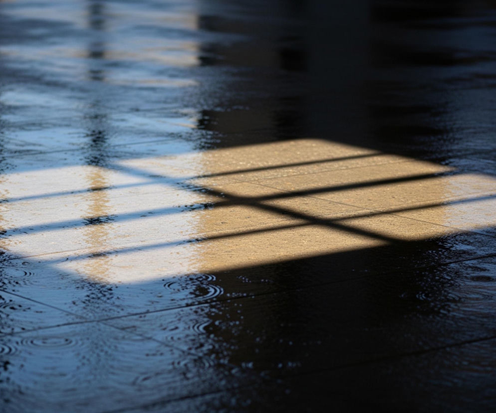 Podłoga pokryta jest błyszczącymi kałużami wody, odbijającymi światło. Na mokrej powierzchni widoczne są drobne zmarszczki i okrągłe kręgi, świadczące o padających kroplach deszczu. Duża, prostokątna plama słonecznego światła, podzielona na sześć mniejszych prostokątów przez cienie, rozjaśnia centralną część obrazu. Reszta podłogi pozostaje w ciemności, z jedynie delikatnymi, niebieskawymi refleksami na wodzie.