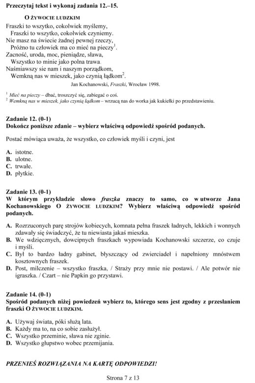 EGZAMIN GIMNAZJALNY 2013 JĘZYK POLSKI - ODPOWIEDZI, ARKUSZE z CKE
