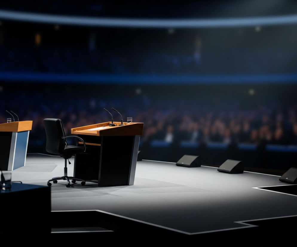 Dwa drewniane mównice z czarnymi frontami i jaśniejszymi, drewnianymi blatami stoją na podwyższonej platformie. Przy każdej mównicy znajduje się czarne, obrotowe krzesło na kółkach oraz dwa mikrofony i szklanka wody. Platforma o nieregularnym kształcie rozświetlona jest jasnym, punktowym światłem, kontrastującym z ciemnym tłem rozmytej publiczności w tle.