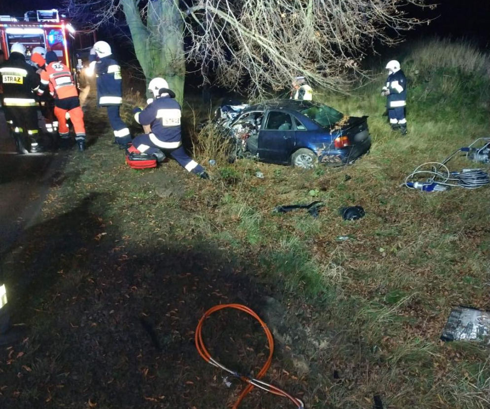 Audi wypadło z drogi i uderzyło w drzewo. Kierowca uwięziony w zmasakrowanym aucie!