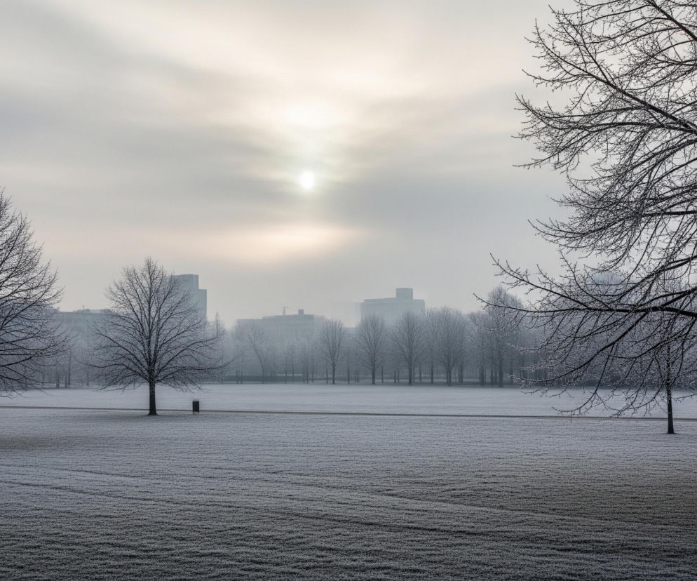 Park pokryty szronem i śniegiem rozciąga się w zimowy poranek, z jasnym słońcem przebijającym się przez mgłę na niebie. Na pierwszym planie po lewej stronie znajduje się drzewo o gołych, czarnych gałęziach, a po prawej, na pierwszym planie, widoczne są fragmenty większego drzewa, również pokrytego szronem. Pomiędzy nimi rozpościera się szeroki, pusty trawnik, gęsto pokryty mrozem tworzącym drobne, białe kropki.

W tle, za trawnikiem, widać rząd podobnych drzew z gołymi gałęziami, a ponad nimi zarys sylwetek kilku wysokich budynków, częściowo ukrytych w mlecznej mgle. Niebo jest jasne, o odcieniach szarości i bieli, z wyraźnie widocznym, choć rozmytym przez chmury, słońcem w centrum. Cała scena utrzymana jest w chłodnych barwach, dominują szarości, biel i czerń, podkreślając zimową atmosferę.